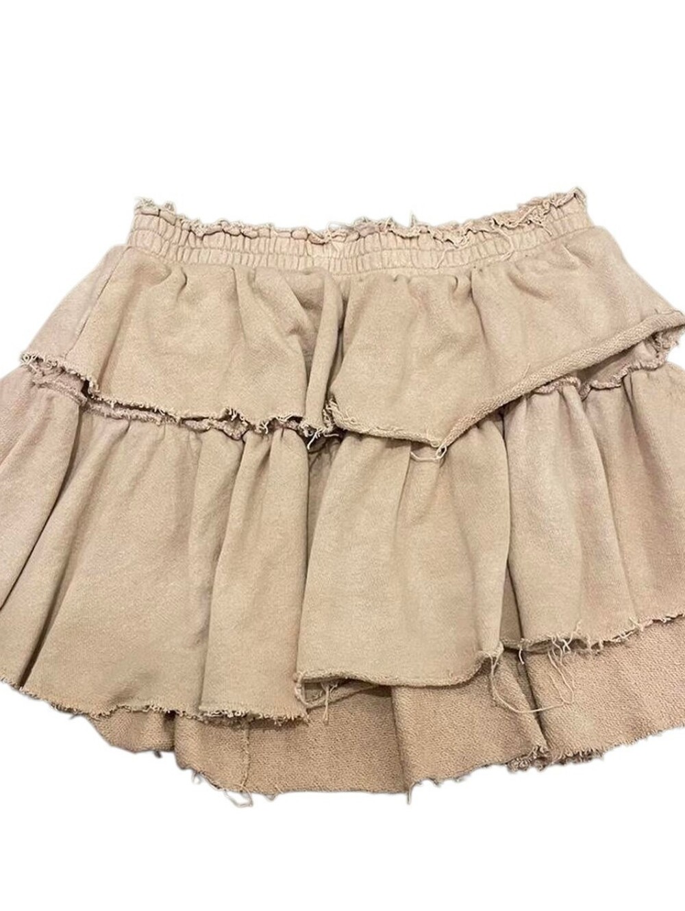 LoveShackFancy French Terry Tiered Raw Hem Mini Skirt in Tan sz SMALL